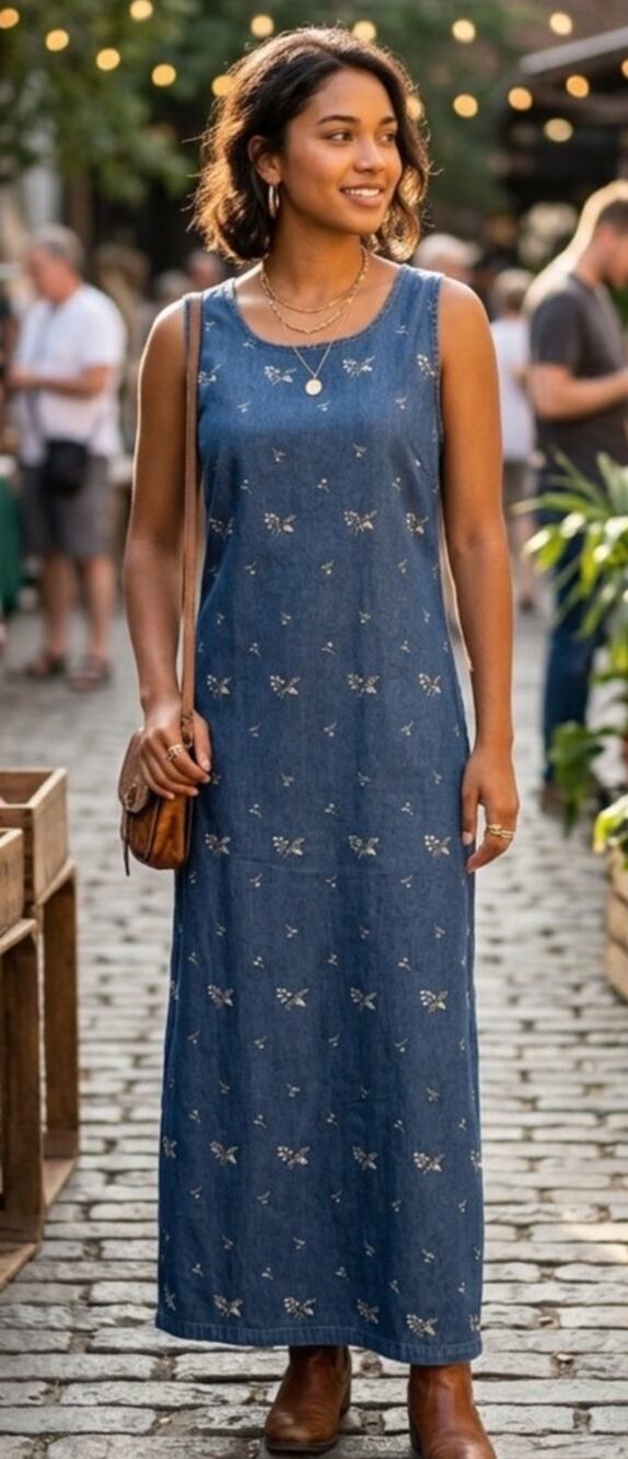 Vintage 90's Sophia Rose Embroidered Denim Chambray Jumper Maxi Dress